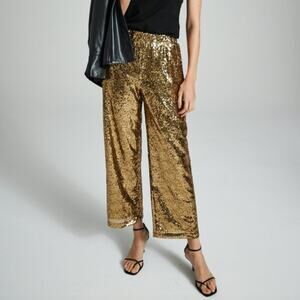 Sundays Kyran Wide‎ Leg Pants Gold Sequin Pull On Sparkle NYE Party Size Small